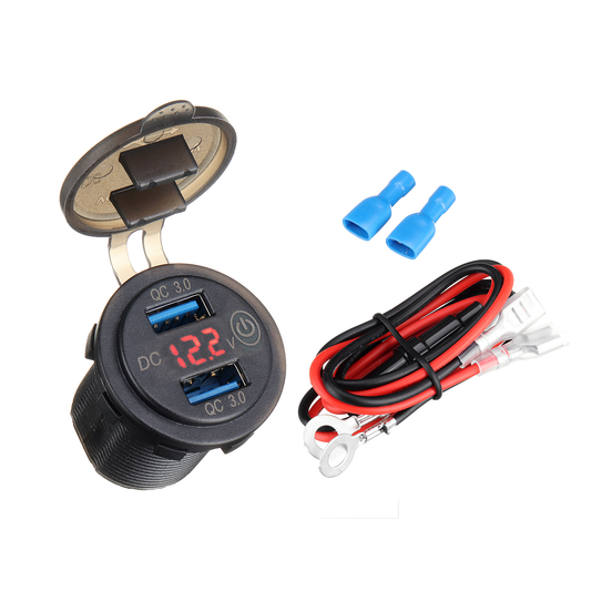 QC 3.0 12-24V Touch Switch Fast Charger Socket Voltmeter Dual USB LED Digital Display Voltage