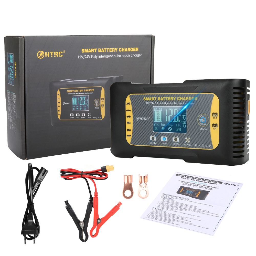 HTRC™ 12V/24V 10A/5A 7-Stage Touch Screen Pulse Repair LCD Battery Charger for Lithium Lifepo4 Lead-Acid AGM GEL