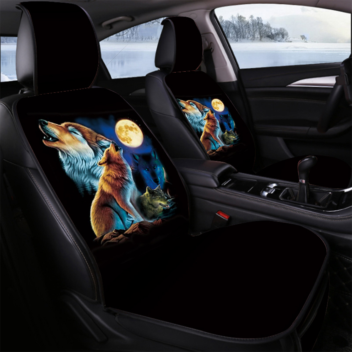 1PC Left/Right Heating 3D Moon & Wolf Printing Seat Covers Full Seat Pad Protect Car Heated Cushion - Auto GoShop