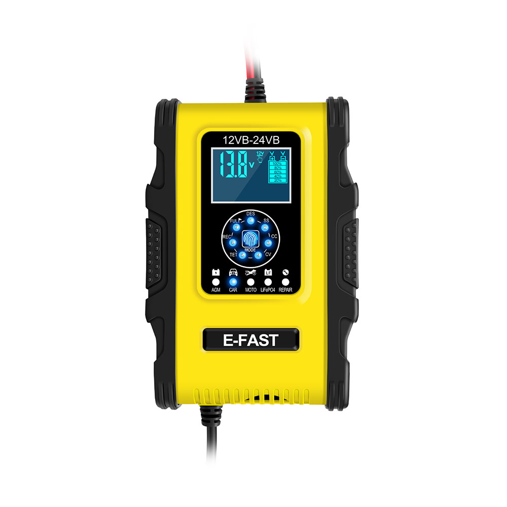 E-FAST 12V 24V 12A 6A Battery Charger 7-Stage Charging LCD Display Yellow for Motorcycle Car Gel AGM Lifepo4 Lead-Acid Battery