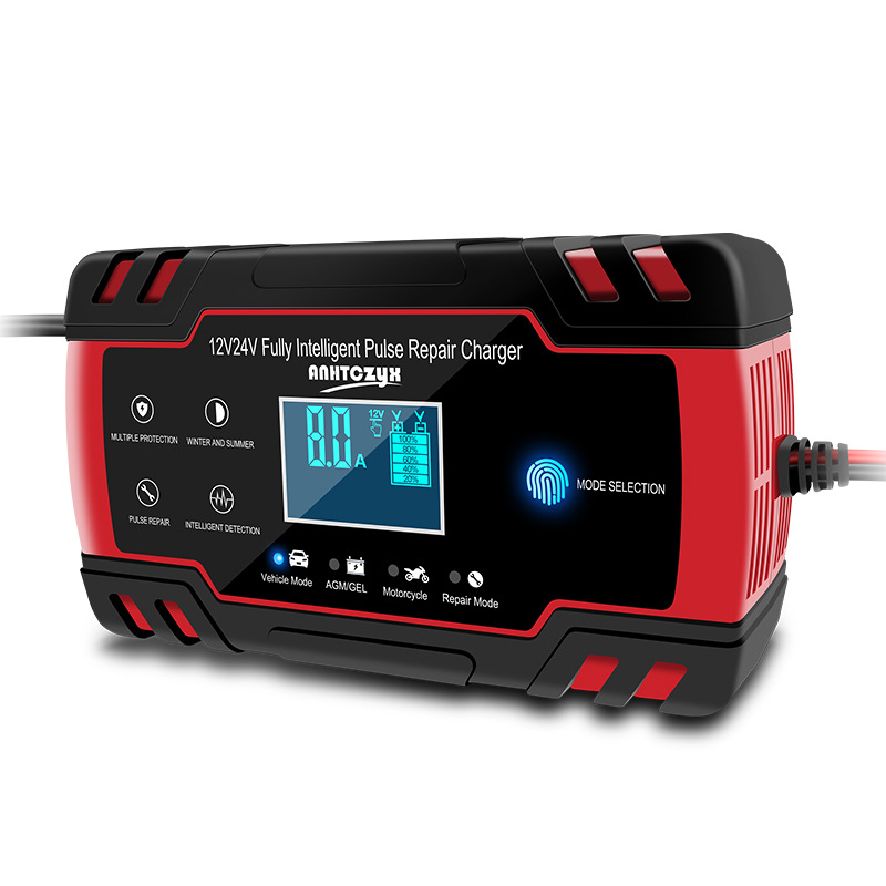 12V/24V 8A Touch Screen Pulse Repair LCD Battery Charger Red for Car Motorcycle Lead Acid Battery Agm Gel Wet