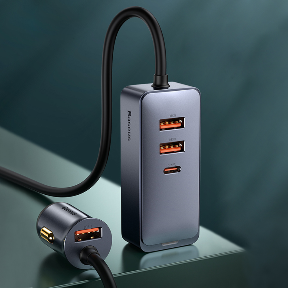 Baseus 120W PPS Multi-Port Fast Charging Car Charger with Extension Cord 3U+1C Gray