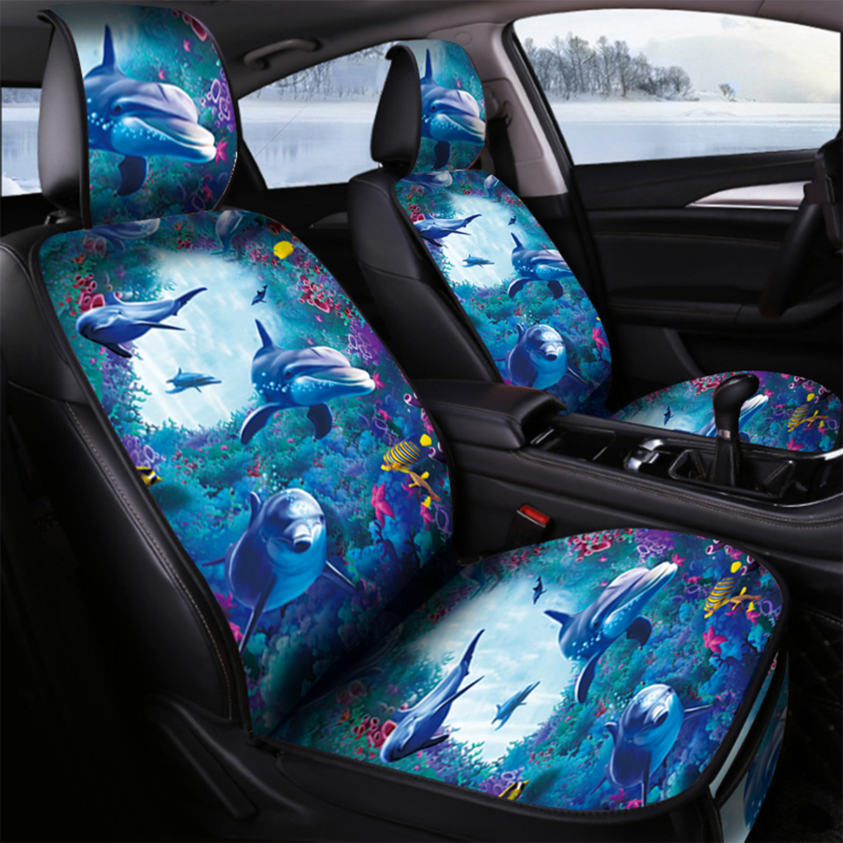 1PC Left/Right Heating 3D Dolphin Printing Seat Covers Full Seat Pad Protect Car Heated Cushion - Auto GoShop