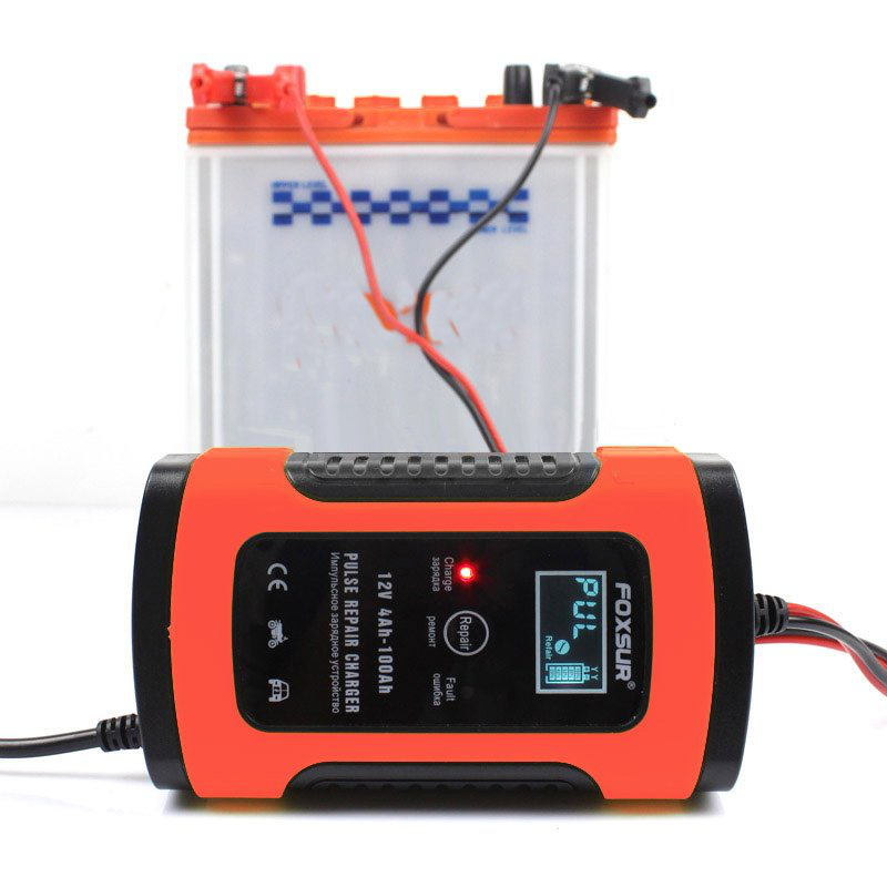 FOXSUR 12V 5A Pulse Repair LCD Battery Charger Red for Car Motorcycle Agm Gel Wet Lead Acid Battery