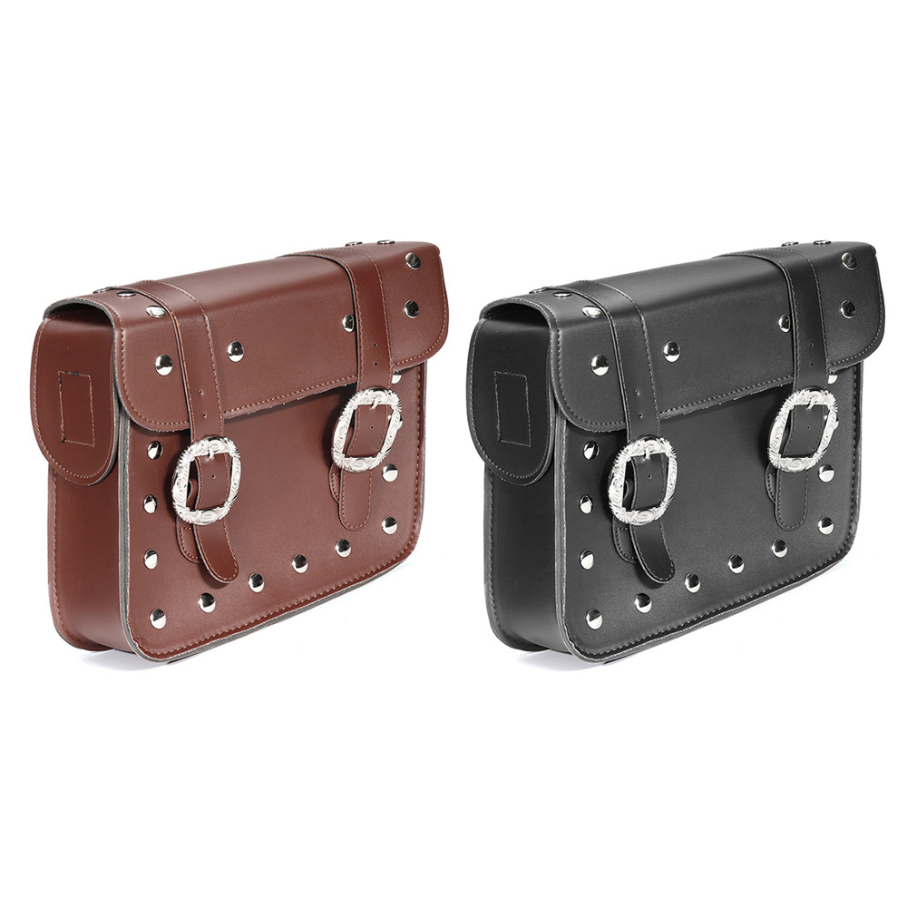 Pair Black/Brown Motorcycle Universal PU Leather Side Box Hanging Bag Side Saddlebags with Kettle Bag
