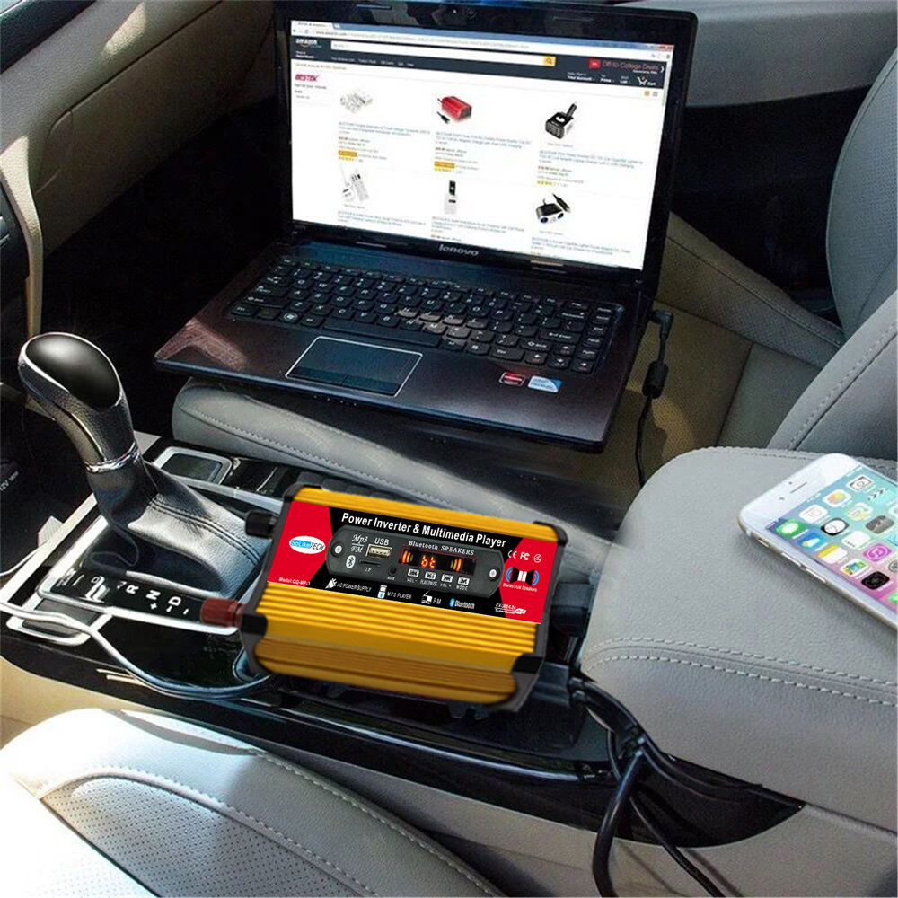 1200W Peak Car Power Inverter with MP3 Multimedia Player DC 12V to AC 110V 220V Dual USB Fast Charge AC Outlet Converter FM Bluetooth LED Screen