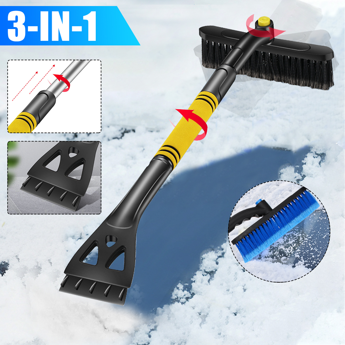 3-IN-1 Rotating Telescopic Snow Shovel Vehicle Winter Shoveling Snow Removing Brush Ice Scraper