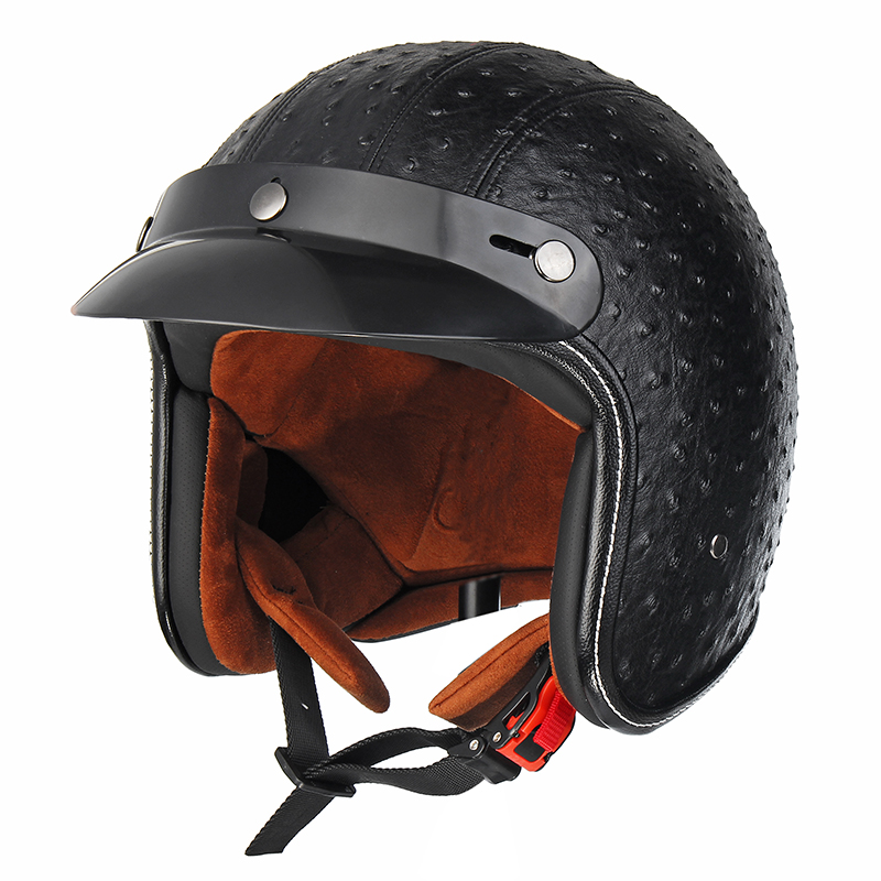Open Face 3/4 Motorcycle Helmet Retro Vintage PU Leather Adult Black Brown - Auto GoShop