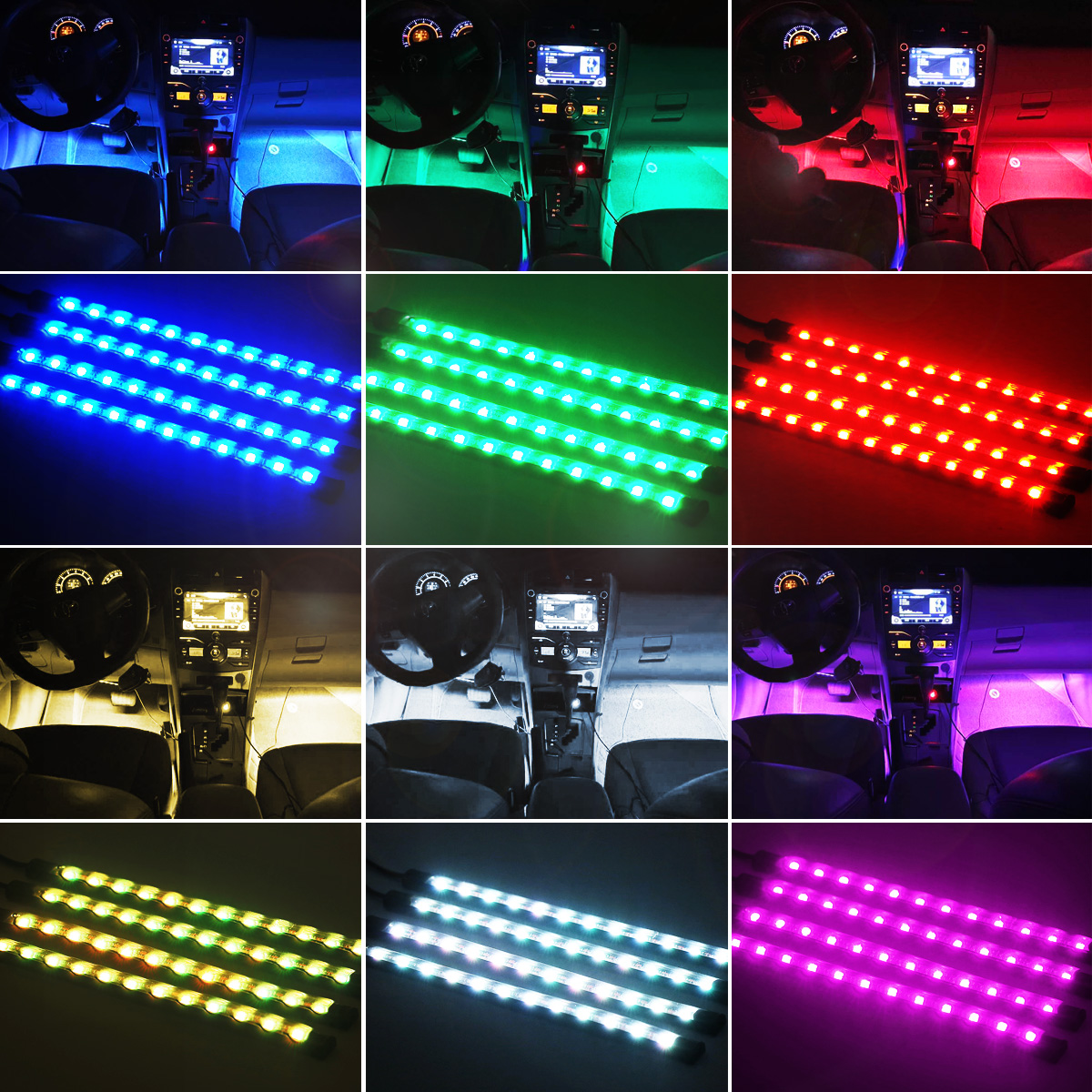 4Pcs Car RGB 12LED Interior Atmosphere Decorative Light Multi-Colorful Support Sound Control Function Remote Control USB for Car Home - Auto GoShop