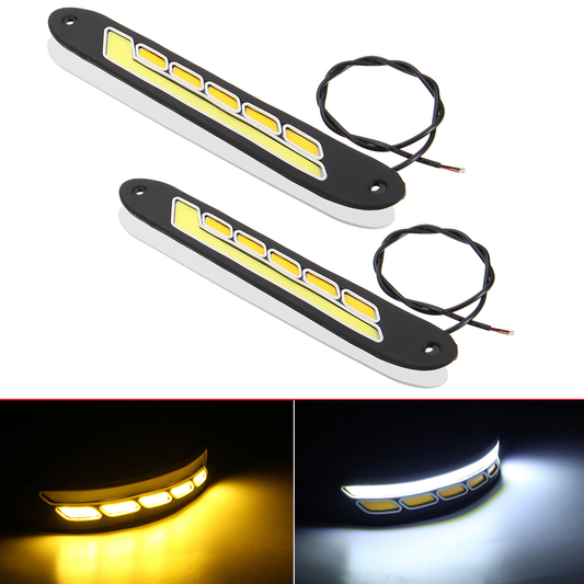 2Pcs 12V COB LED Car DRL Daytime Running Lights Strip Yellow & White Dual Color Turn Signal Fog Daylight