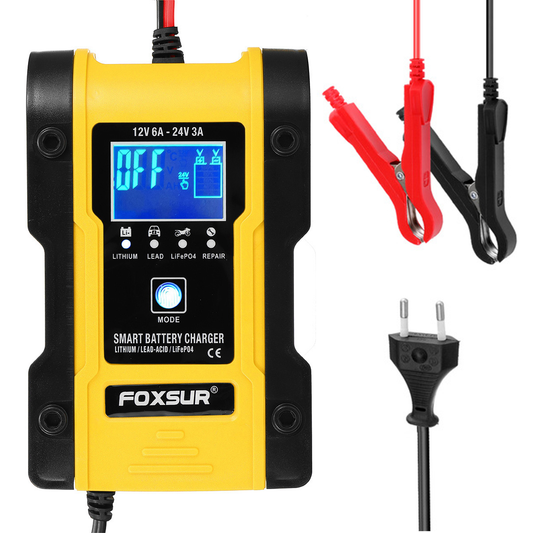 FOXSUR 7-Stages 12V 6A 24V 3A Battery Charger Touch Screen LCD Display Pulse Repair Automatic for Car Motorcycle Electric Scooter Lead-Acid Agm Gel Wet Lithium Lifepo4 Batteries