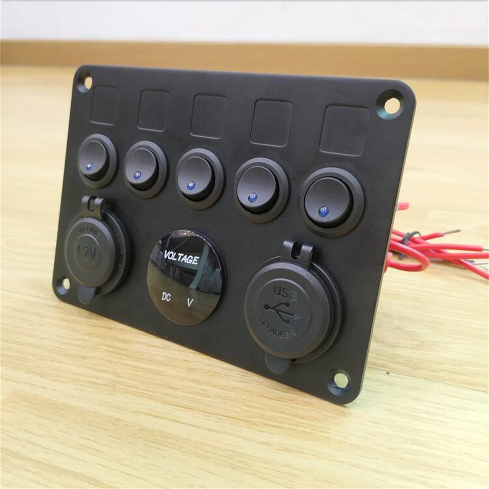 12-24V Universal 5 Gang On/Off Toggle Rocker Switch Panel with Dual USB Charger LED Digital Voltmeter Waterproof for Car Truck Boat Marine