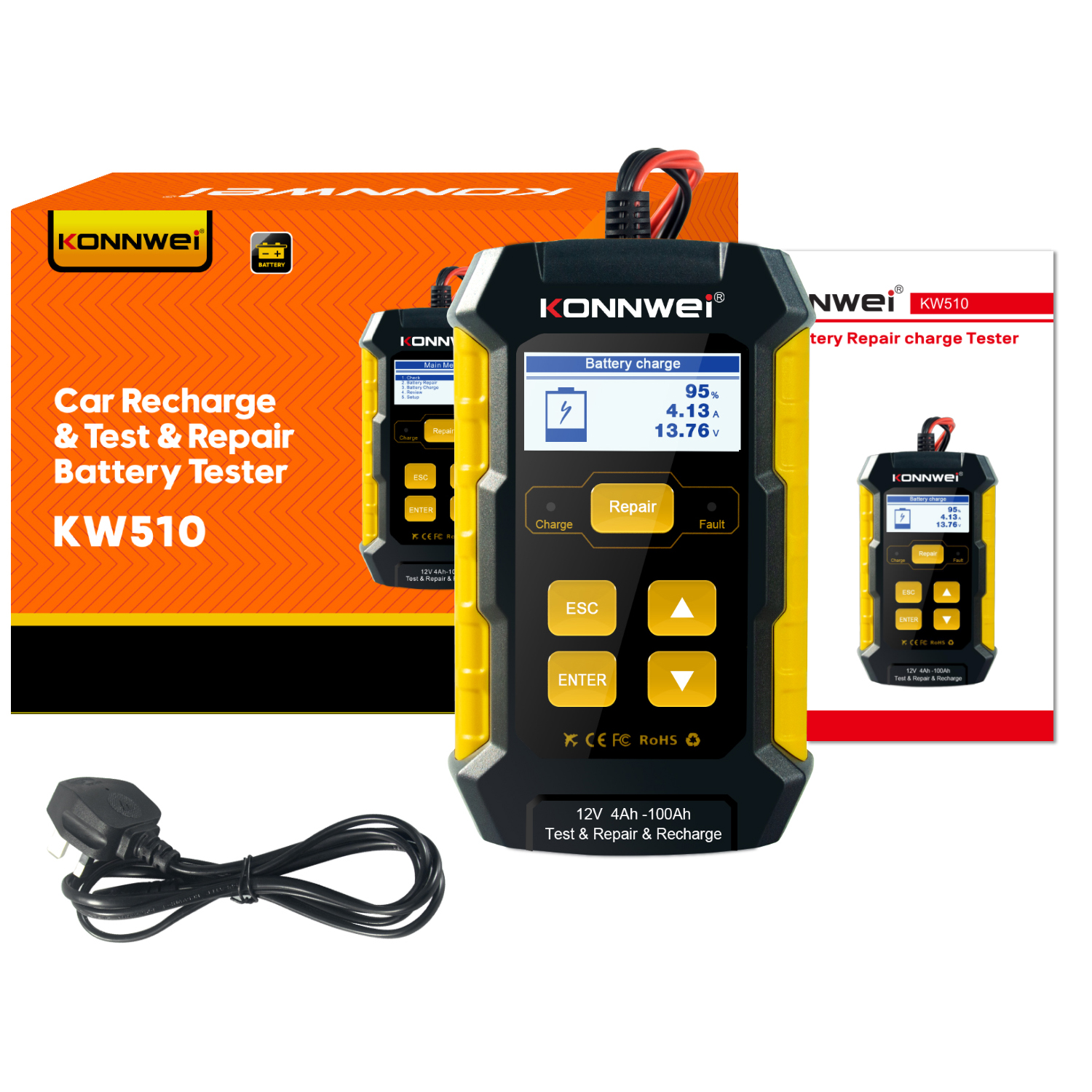 KONNWEI KW510 12V 5A Full Automatic Car Battery Tester Charger Repairing Tool 3 in 1 Wet Dry Lead Acid Car Battery Repair Tool Agm Gel