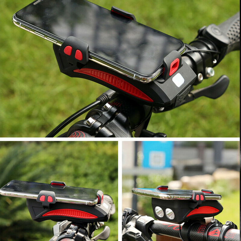 USB Rechargeable LED Bicycle Headlight Bike Horn Handlebar Phone Holder Cycle VC