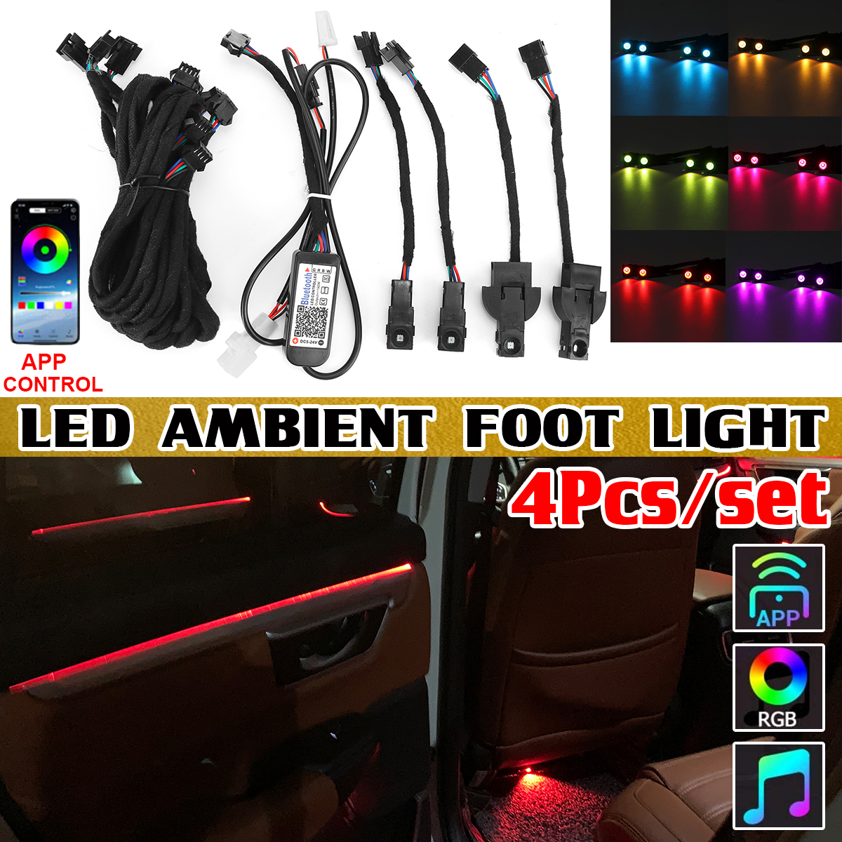 2/4Pcs Set RGB LED Interior Car Foot Decoration Atmosphere inside Light Lamp - Auto GoShop