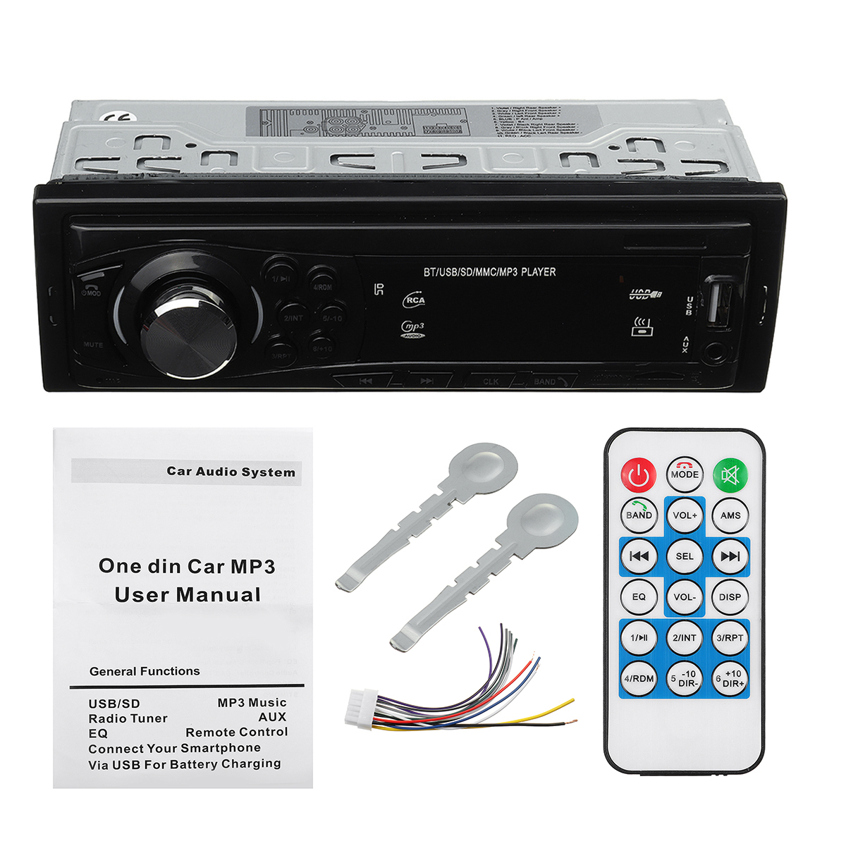 1DIN 12V Car MP3 Player FM Radio Bluetooth Hands-Free Calls USB AUX TF SD Card Remote Control Charging