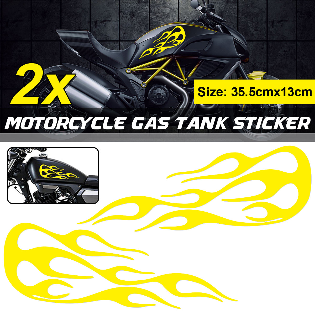 Yellow 2pcs Flame Badge Decal Car Motorcycle Gas Tank Decorative Stickers 13.9x5.1 Inch Universal