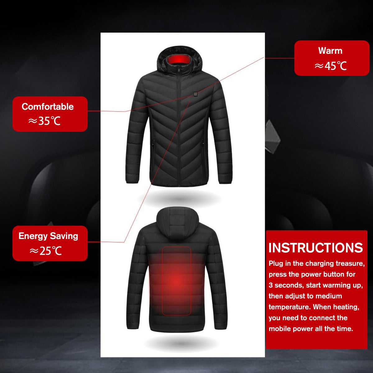 Snow Electric USB Intelligent Heated Coats Jackets Hooded Heating Back + Neck Vest Winter Warmer Men Women