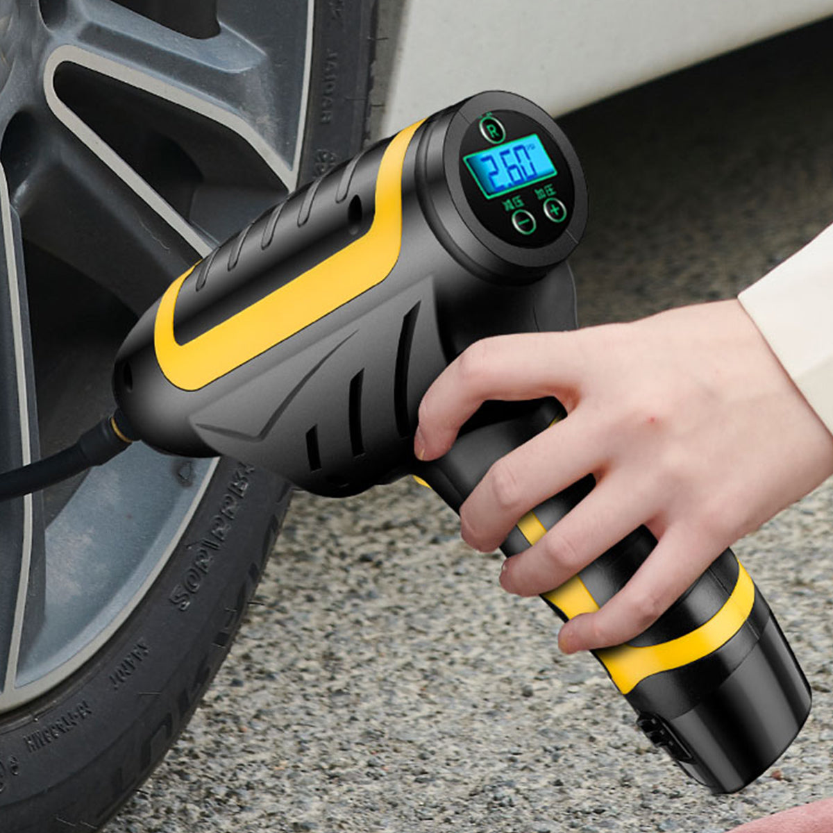 Sandy Brown 120W Cordless Handheld Inflatable Air Pump Car Tyre Inflator LCD Display