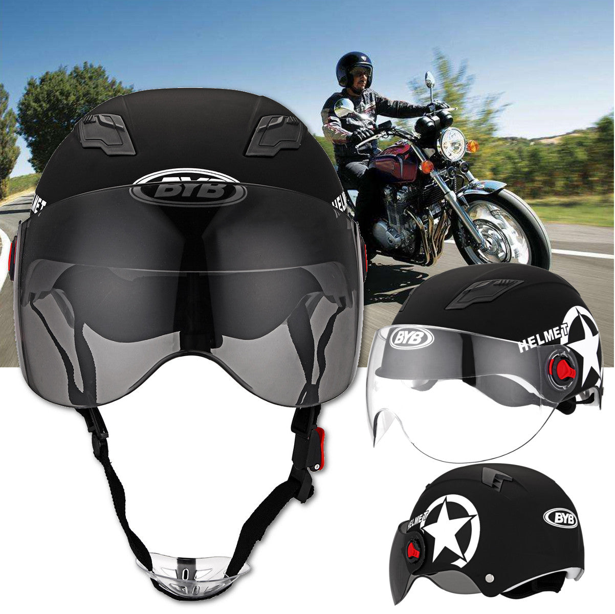 Dark Slate Gray Motorcycle Helmet Half Open Face Helmet Adjustable Five-pointed Star Black