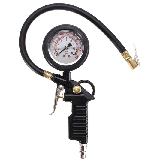 Black 220 PSI Dial Tire Pressure Inflator Gauge Flexible Hose Style Air Chuck Pneumatic