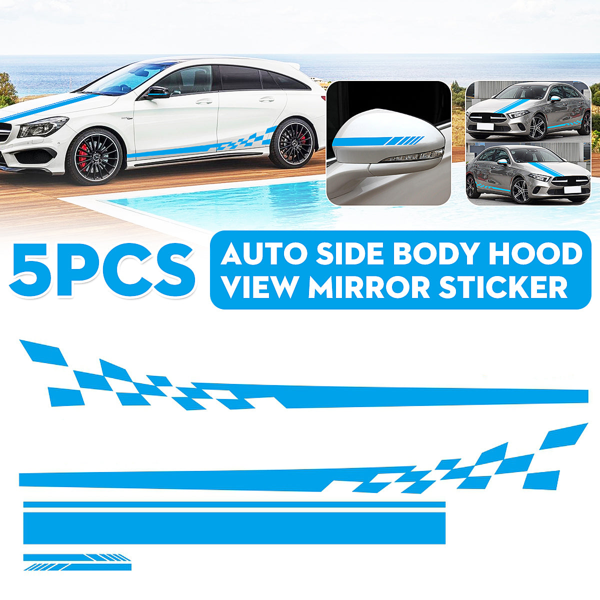 Dodger Blue 5pcs Car Stickers Stripes Graphics Side Body Hood Rearview Mirror Decal Trim