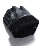 Black PU Motorcycle Half Finger Gloves Thicken Warm Winter Outdoor Hunting Fleece Leather