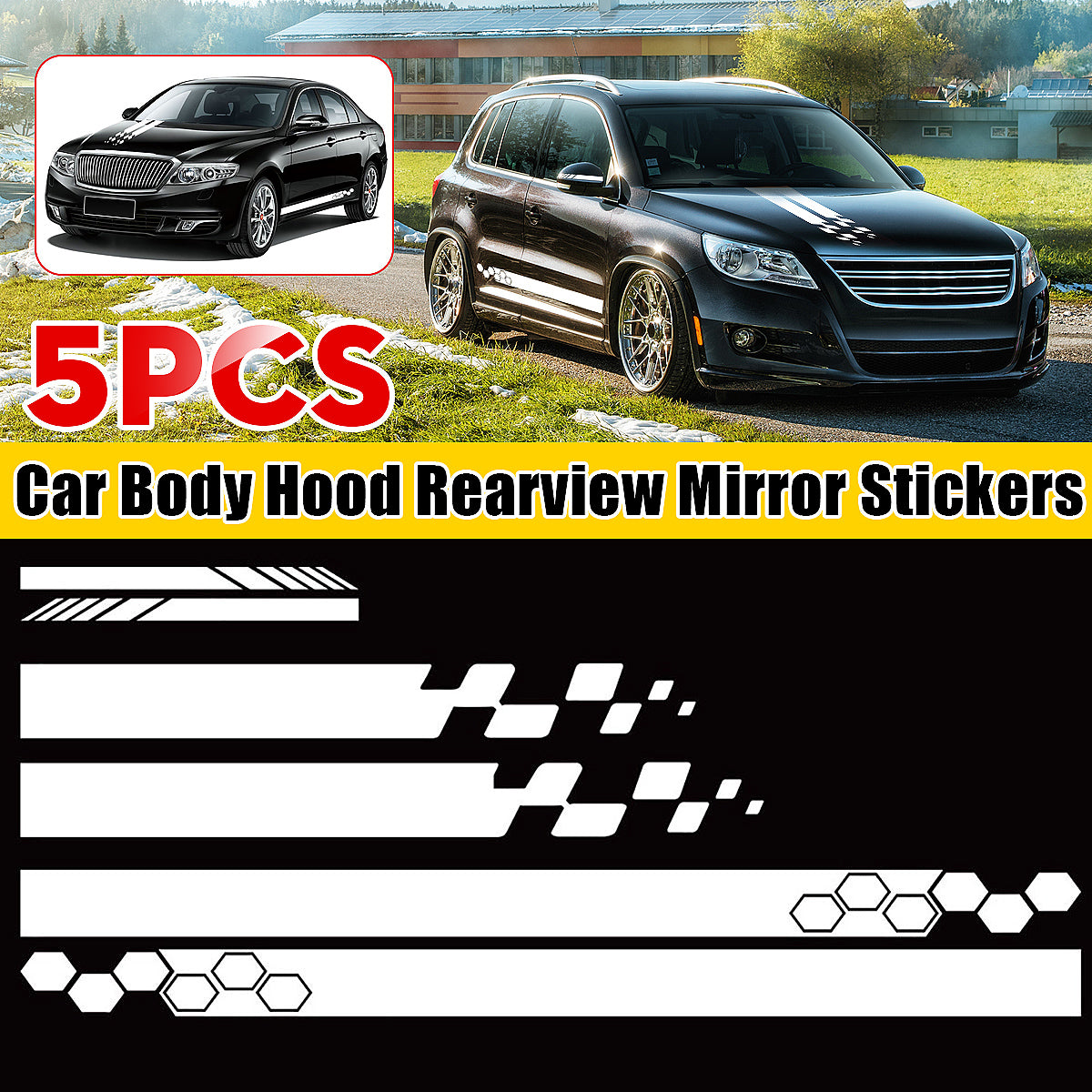 Gold 5pcs Universal Car Side Body Stripe Sticker DIY Decal Trim Hood Rear View Mirror