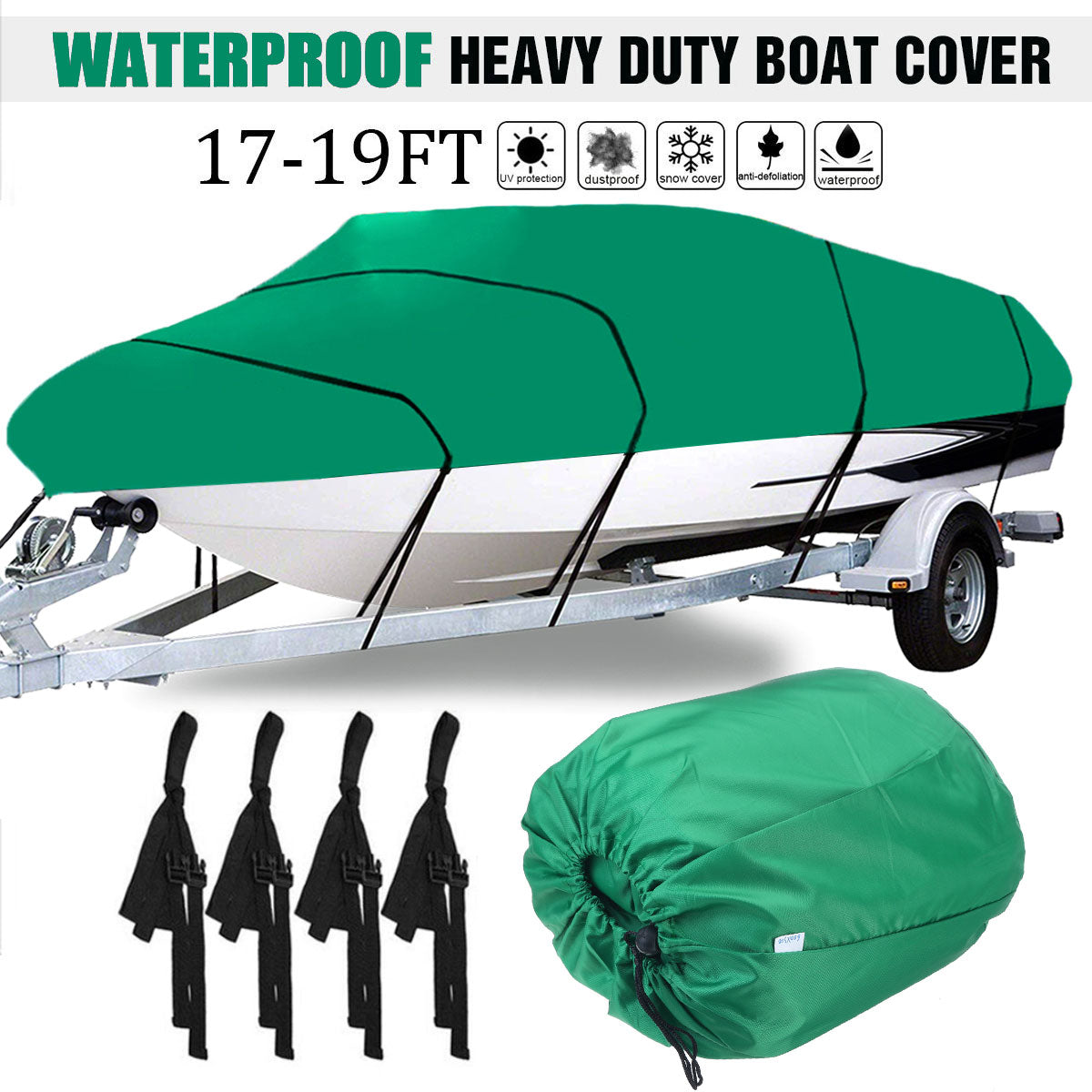 Dark Cyan 210D 11-22FT Heavy Duty Boat Cover Dustproof Waterproof Trailerable Fishing Ski Bass V-Hull Runabouts Green