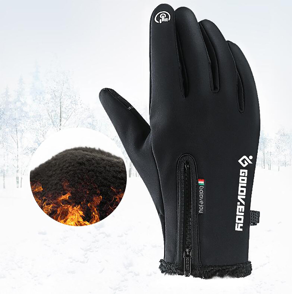 Black Touch Screen Gloves Zipper Thermal Winter Sports Skiing Warm Mittens PU Leather Black