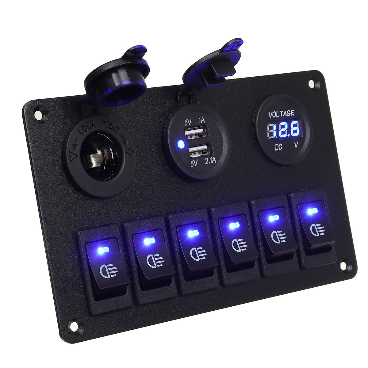 Midnight Blue 6 Gang Blue LED Rocker Switch Panel Car Marine Boat Circuit Dual USB Waterproof