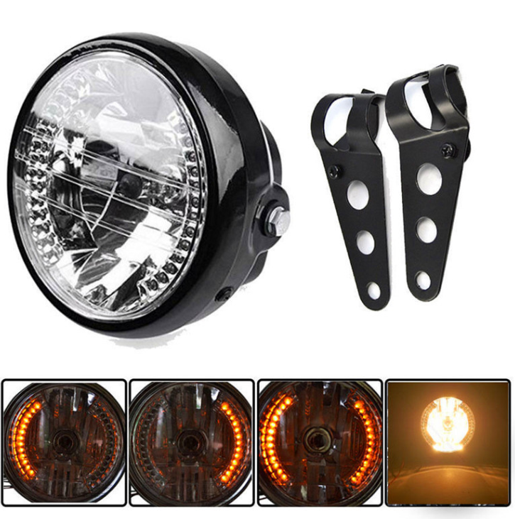 Black Motorcycle accessories Harley cruise Prince car modification Retro headlights Headlights Lamp ear brackets LED turn signals (Black)