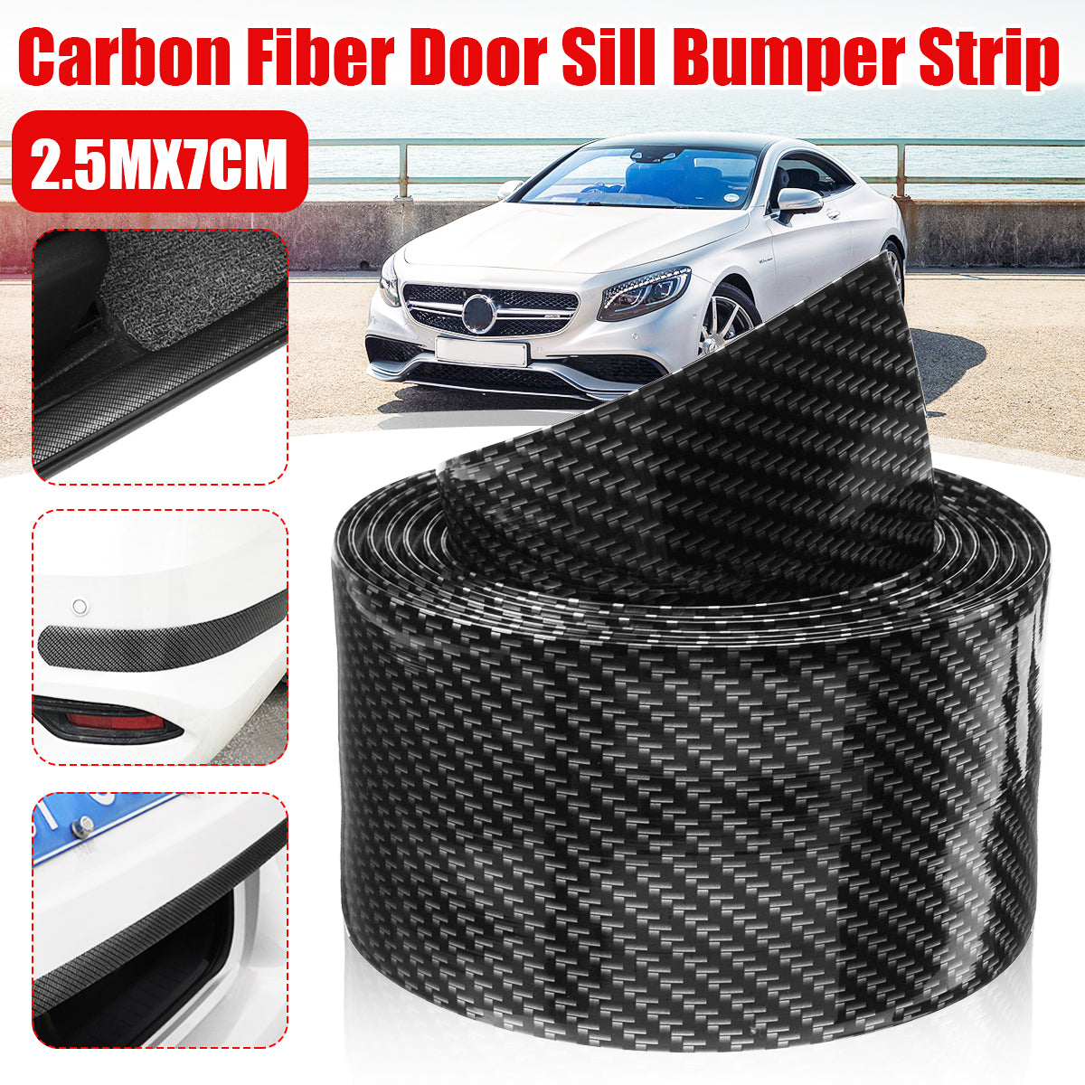 Black 1M / 2.5M Car Carbon Fiber Door Sill Protector Rubber Edge Guard Strip Universal