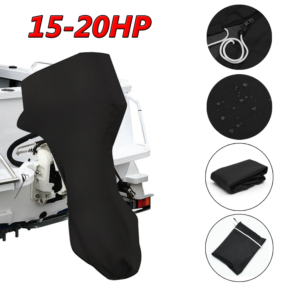 Dark Slate Gray 600D Black Boat Full Outboard Engine Cover Fit For 15-20HP Motor Waterproof