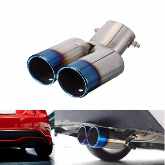 Universal Grilled Blue Curved Tail Muffler Exhaust Pipe Double Twin Tip for KIA Ford Honda - Auto GoShop