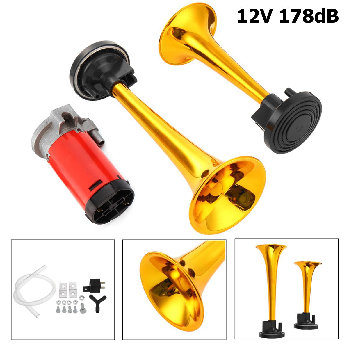 Yellow 12V 178DB Air Horn Dual Trumpet Ultra Loud Universal For Train Trailer Truck Motorcycle