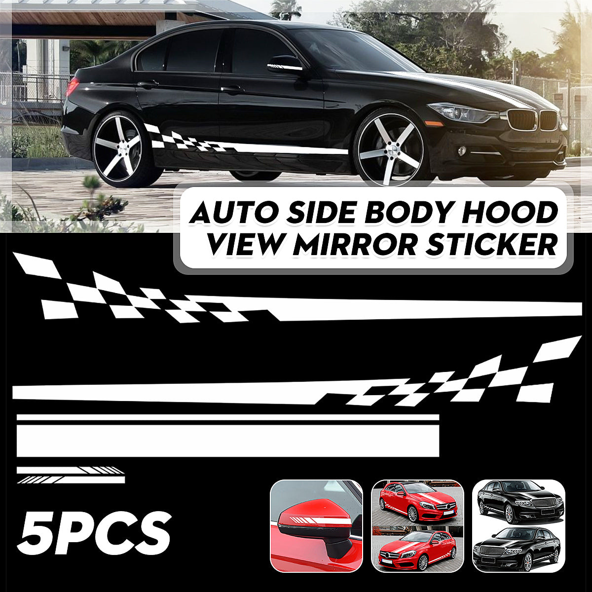 Black 5pcs Car Stickers Stripes Graphics Side Body Hood Rearview Mirror Decal Trim
