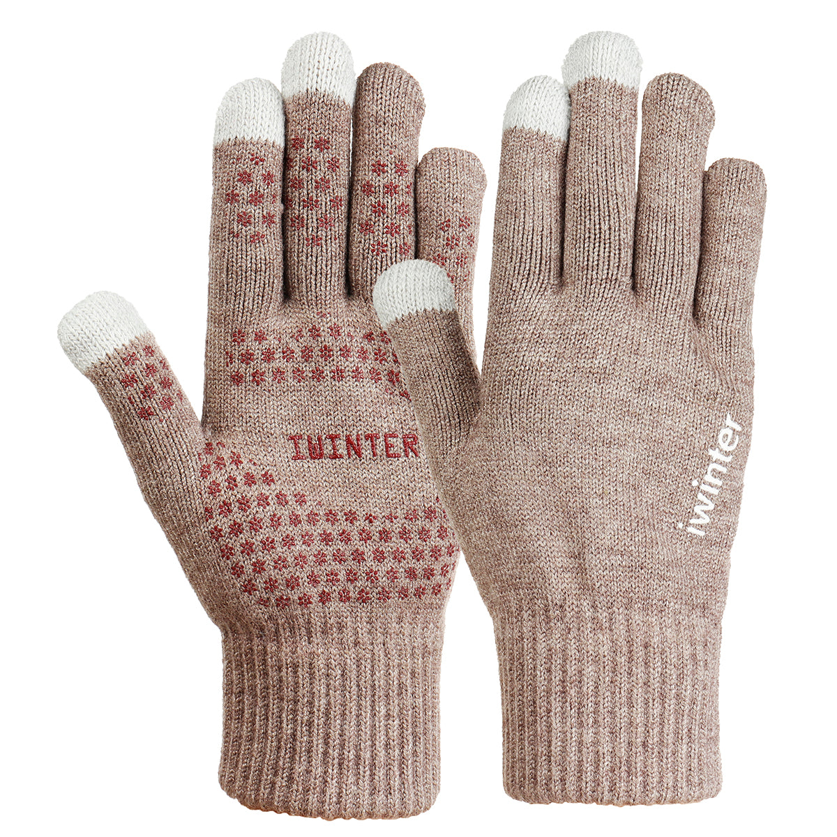 Rosy Brown Knitted Touch Screen Outdoor Gloves Motorcycle Winter Warm Windproof Fleece Lined Thermal Non-slip