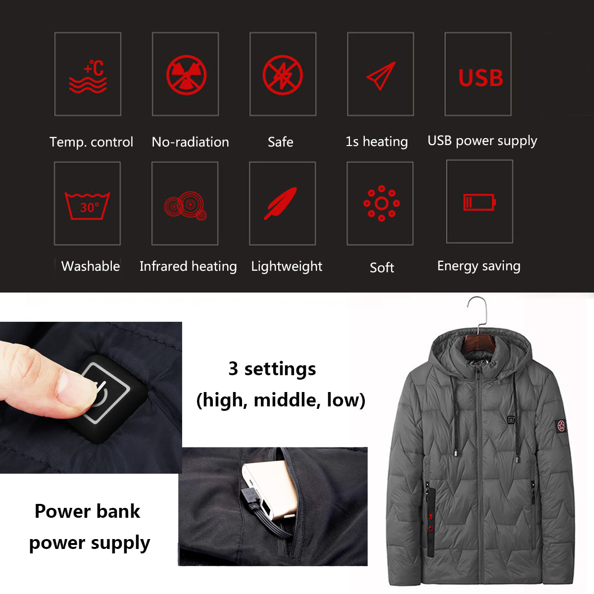 Snow USB Electric Heated Coats Heating Hooded Jacket Long Sleeves Winter Warm Clothing