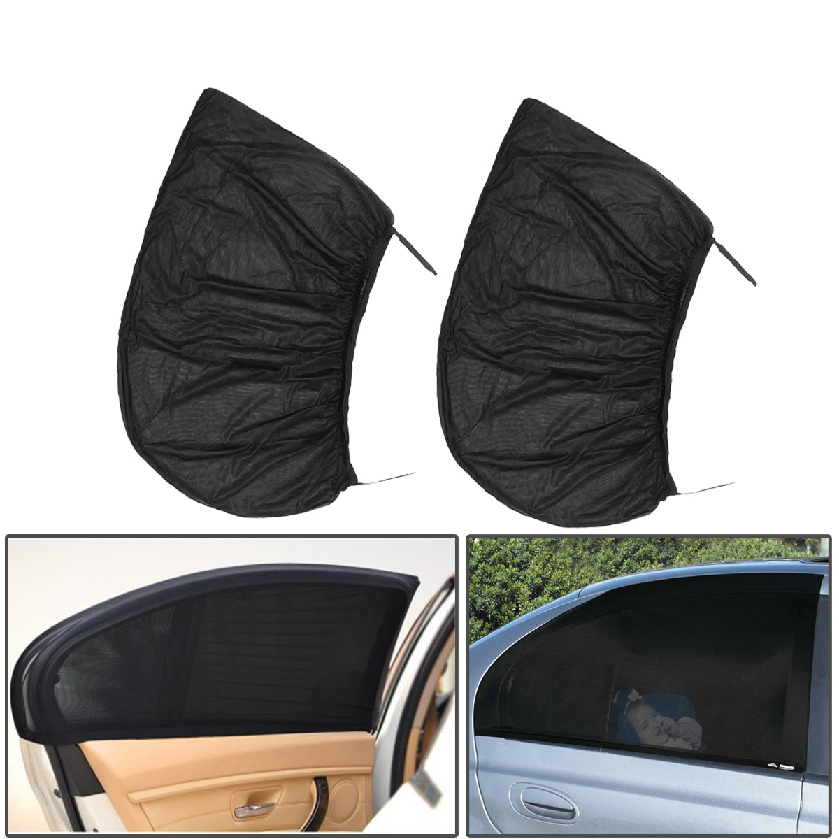 2Pcs Black Car Rear Window Sun Shade Curtain Cover UV Protector Shield Sunshade Net 115X50cm - Auto GoShop