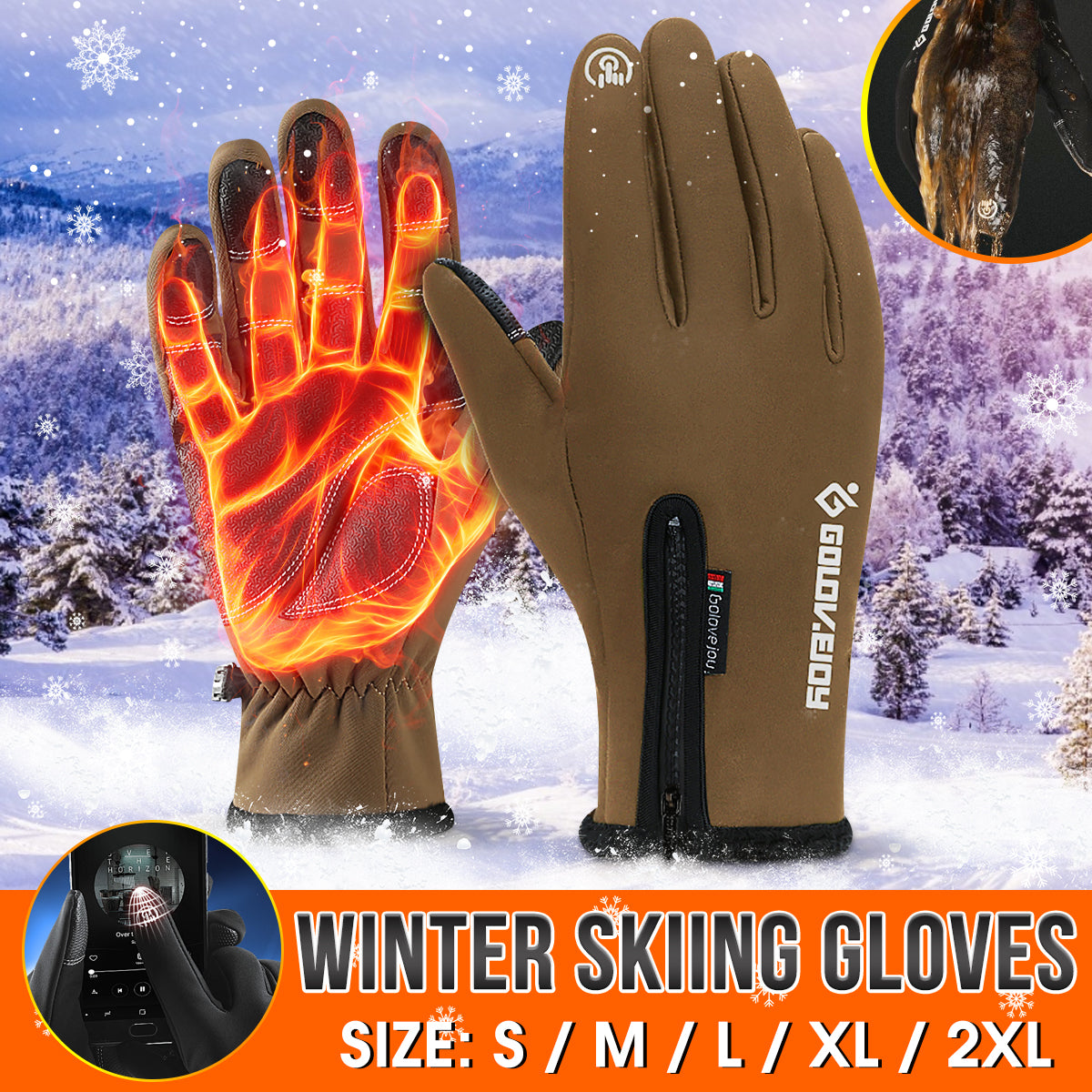 Dark Olive Green Touch Screen Gloves Zipper Thermal Winter Sports Skiing Warm Mittens Waterproof Brown