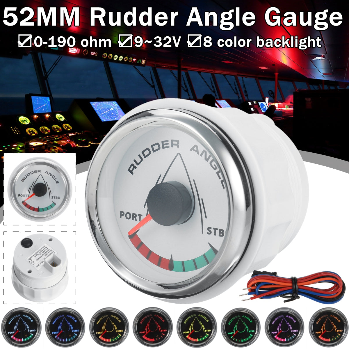 0-190 ohm 52mm LCD Boat Marine Rudder Angle Indicator 8 Color Backlight 9~32V - Auto GoShop