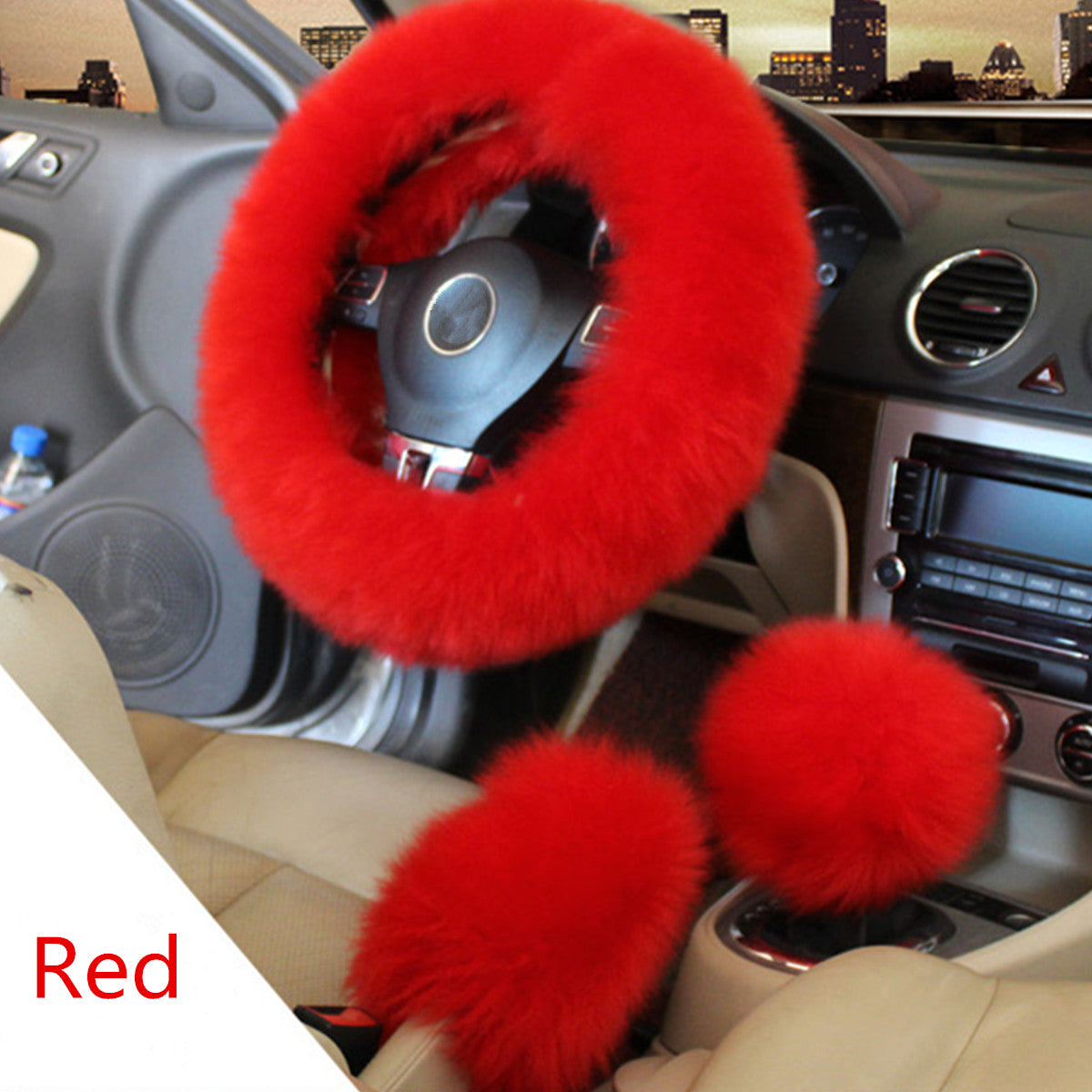 Winter Furry Car Steering Wheel + Gear Knob Shifter Parking Brake Covers Set 3Pcs - Auto GoShop