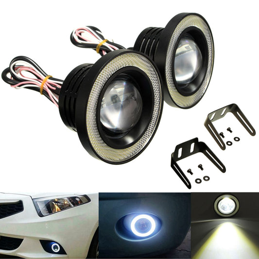 Black 2PCS 20W 3.5 Inch LED Projector Car Fog Lights White with COB Angel Eyes Halo Rings Bulb White