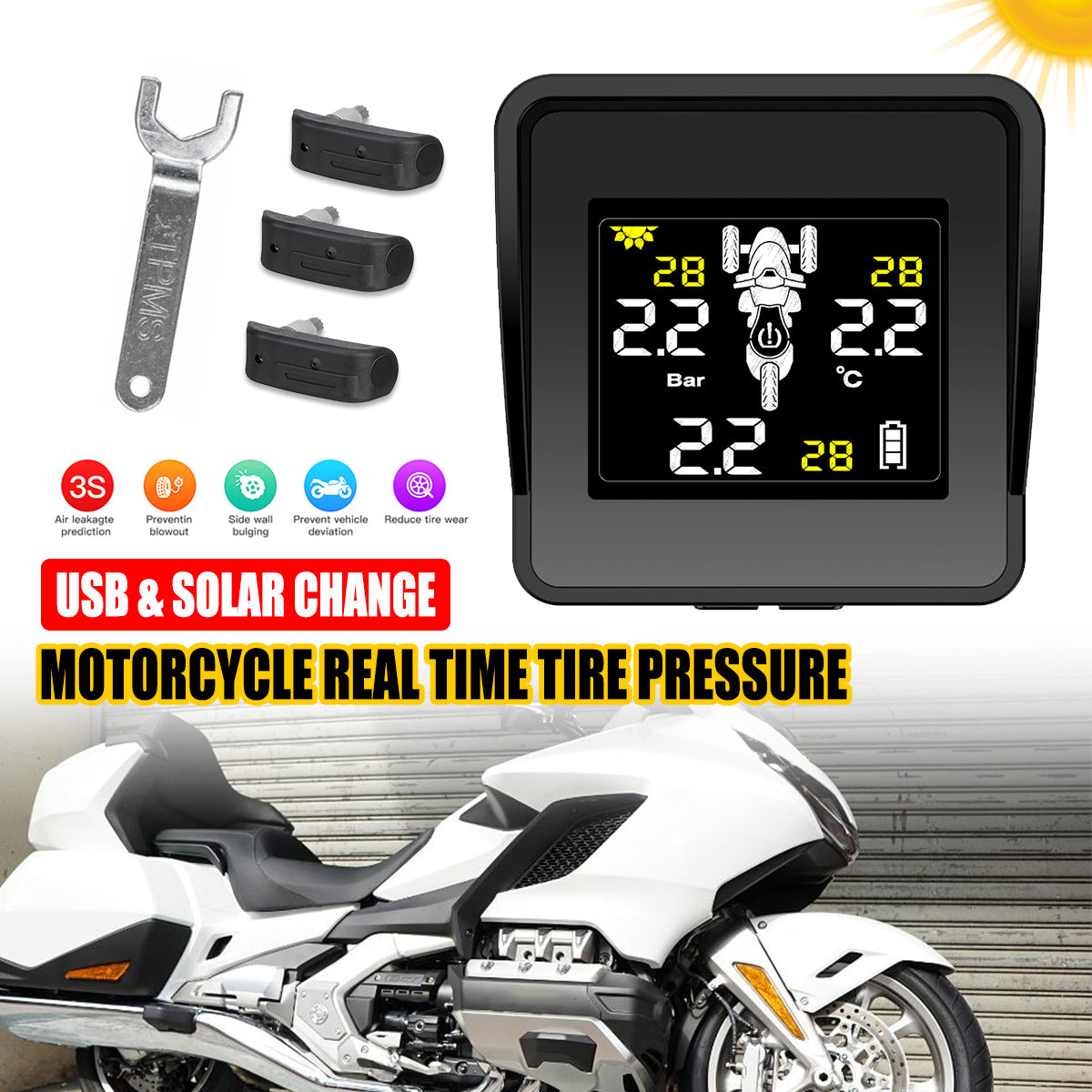 Red Solar Waterproof TPMS Tricycle Motorcycle Real Time Tire Pressure Monitoring System Wireless LCD Display External/Internal Sensors