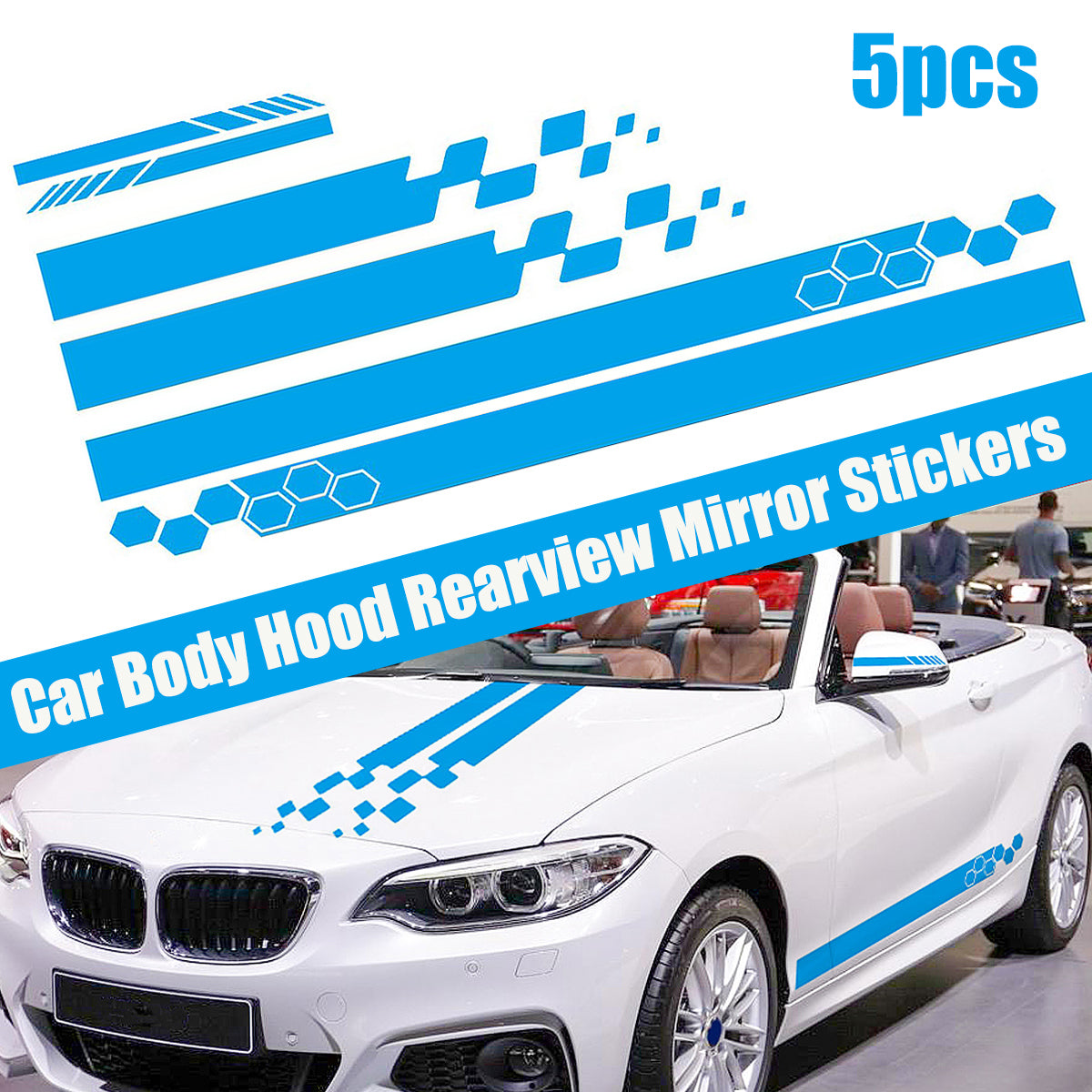Dodger Blue 5pcs Universal Car Side Body Stripe Sticker DIY Decal Trim Hood Rear View Mirror