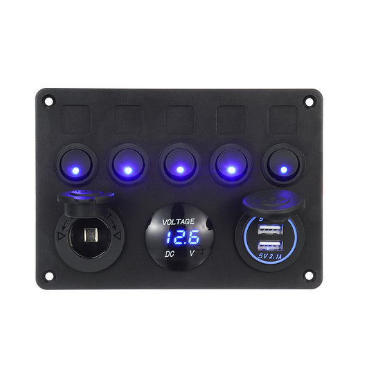 Dark Slate Gray 12/24V 5 Gang Blue LED Rocker Switch Panel Dual USB Car Boat Marine RV Truck ON-OFF