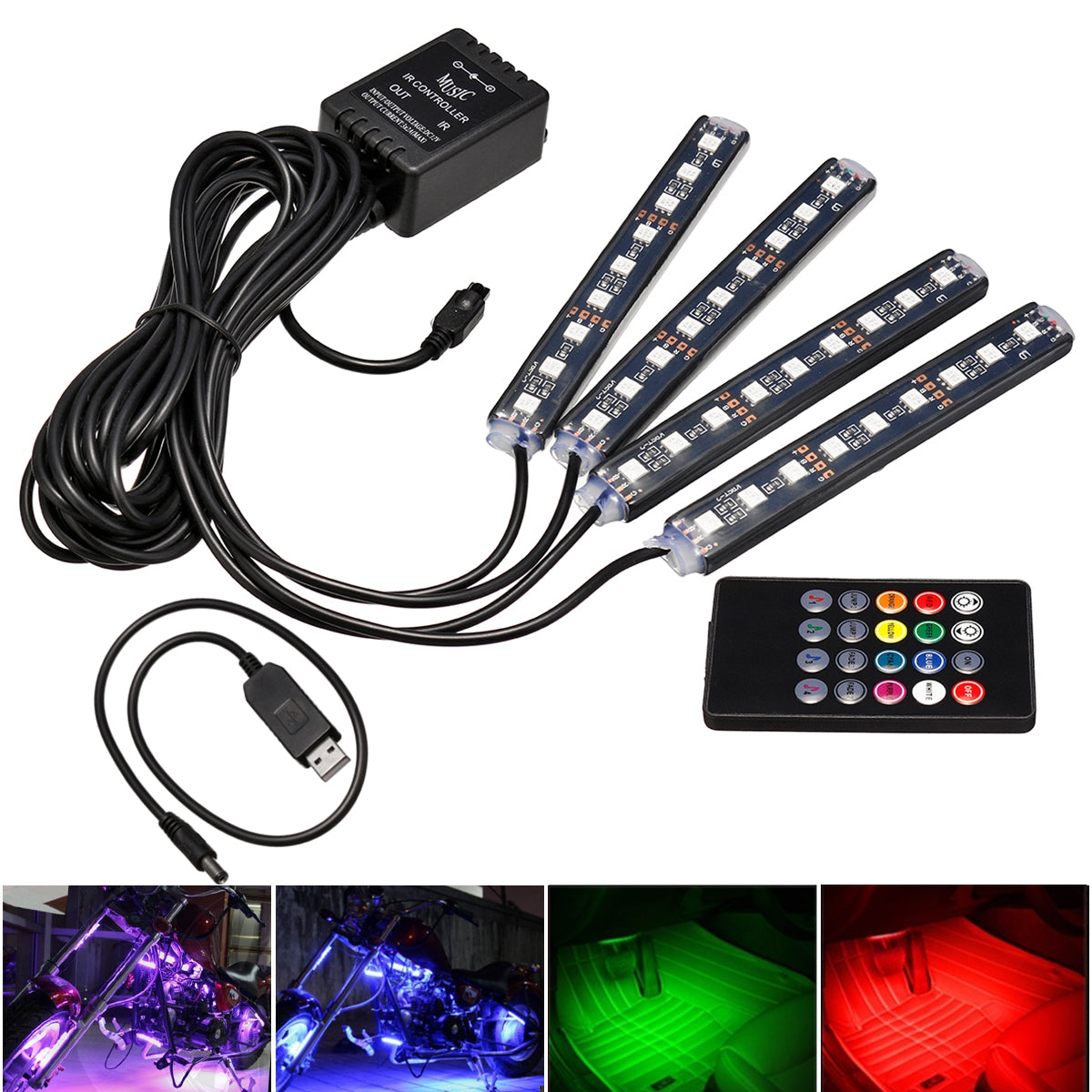 Dark Slate Gray RGB 9 LED Wireless Remote Voice Control Atmosphere Strip Light USB Motorcycle Lamp