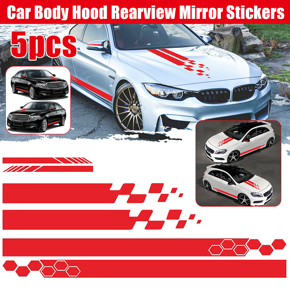White Smoke 5pcs Universal Car Side Body Stripe Sticker DIY Decal Trim Hood Rear View Mirror