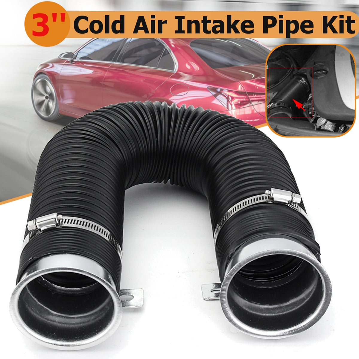 Dark Slate Gray 3Inch Universal Cold Air Intake Feed Flexible Duct Pipe Induction Kit Filter